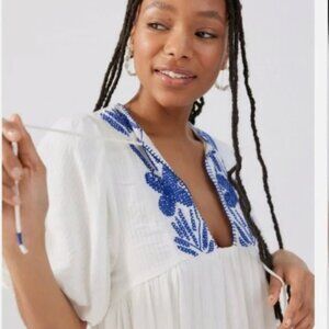 Urban Outfitters In The Meadow White Dress with Blue Floral Embroidery - SMALL
